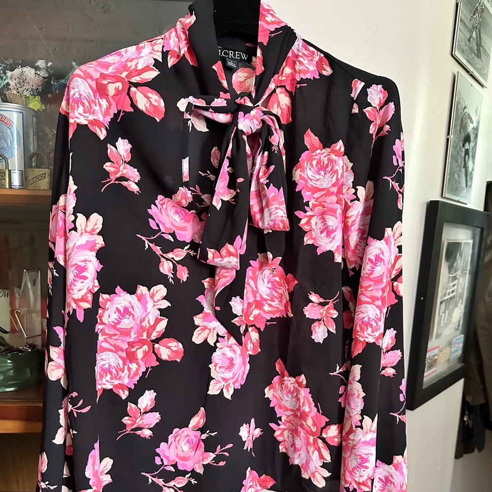 J. Crew Tie Neck Blouse Pink/black Small